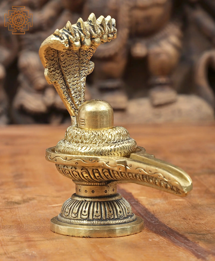 4" Brass Shiva Linga with Seven Hooded Serpent Statue Handmade