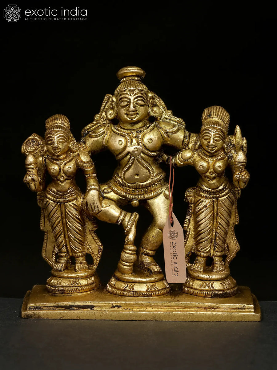 3" Brass Lord Krishna Idol with Rukmini and Satyabhama Handmade