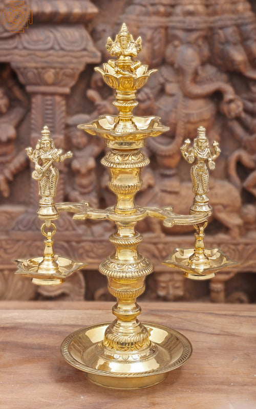 17" Handmade Brass Ganesha Lakshmi Saraswati Lamp with Engraved Stem