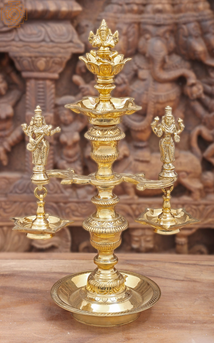 17" Handmade Brass Ganesha Lakshmi Saraswati Lamp with Engraved Stem