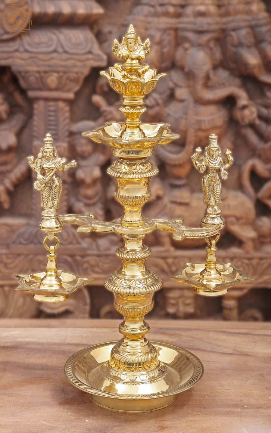 17" Handmade Brass Ganesha Lakshmi Saraswati Lamp with Engraved Stem