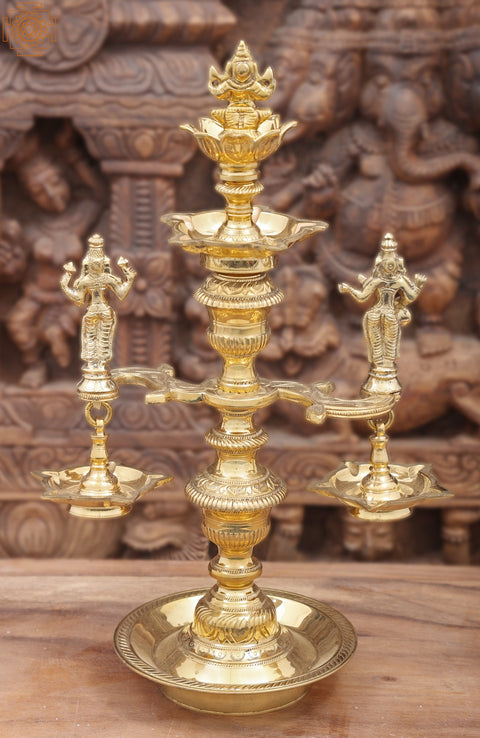 17" Ganesha-Lakshmi-Saraswati Lamp with A Sturdy, Engraved Stem | Handmade Brass Ritual Items