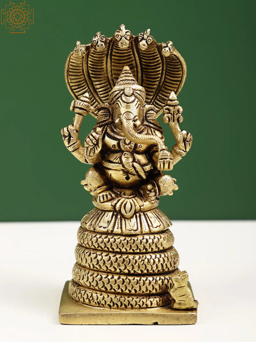 4" Four-Armed Ganesha on Serpent Brass Idol