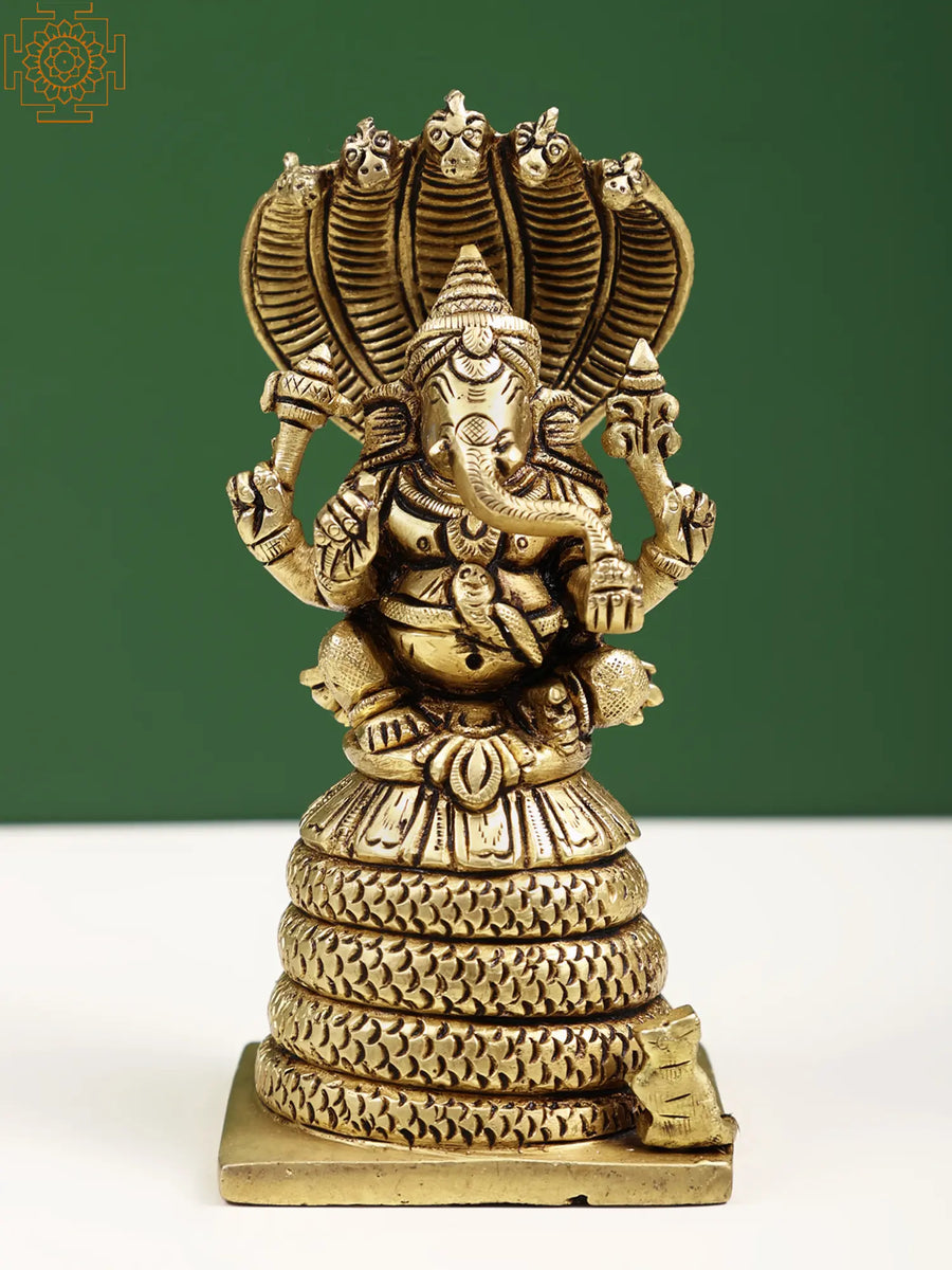 4" Four-Armed Ganesha on Serpent Brass Idol