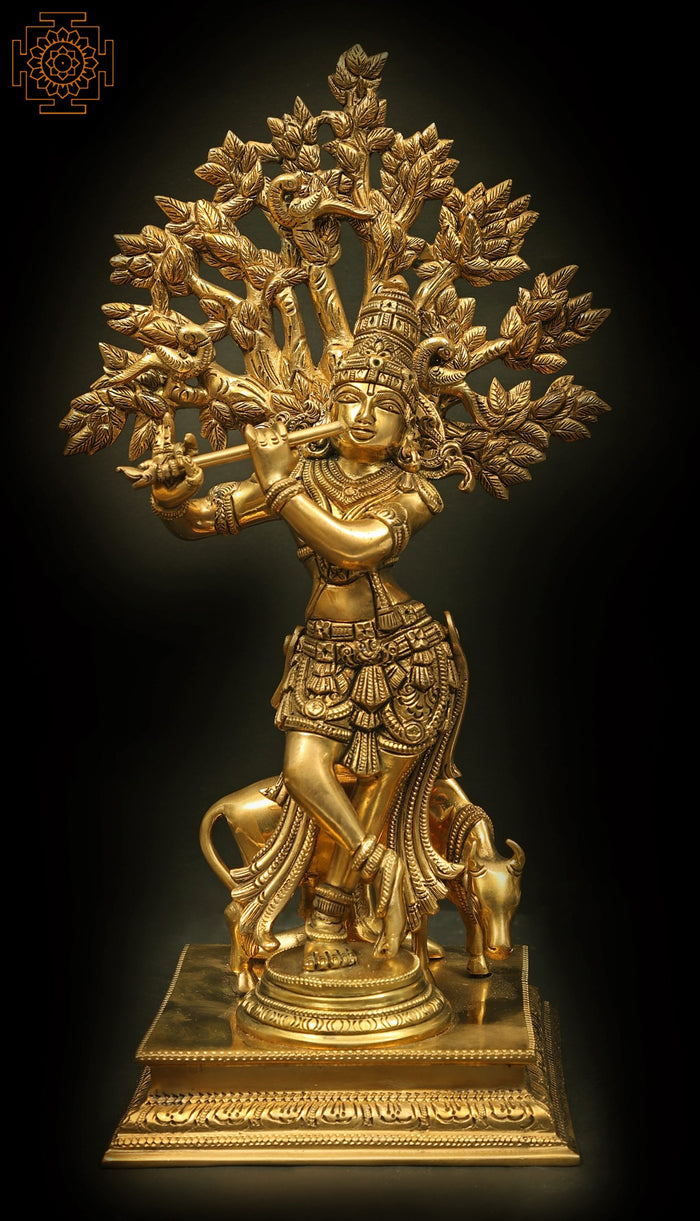 14" Handmade Brass Krishna Statue Playing Flute Under Tree