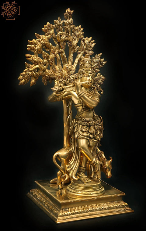 14" Tribhanga Krishna Fluting Under a Magnificent Tree | Handmade Brass Sculptures