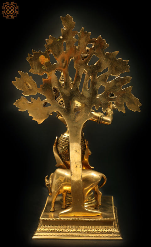 14" Tribhanga Krishna Fluting Under a Magnificent Tree | Handmade Brass Sculptures