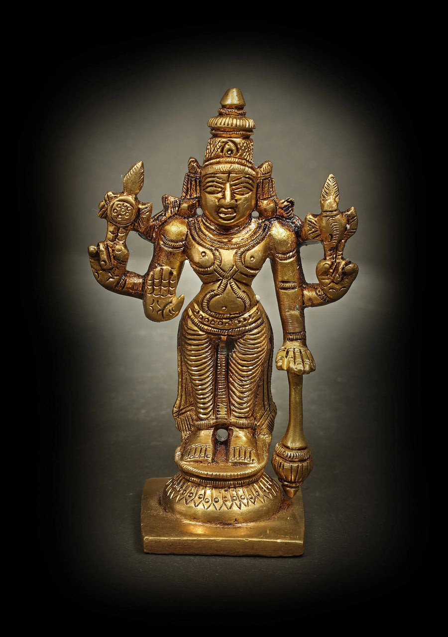 4" Chaturbhuja Vishnu Handmade Brass Statue for Pooja