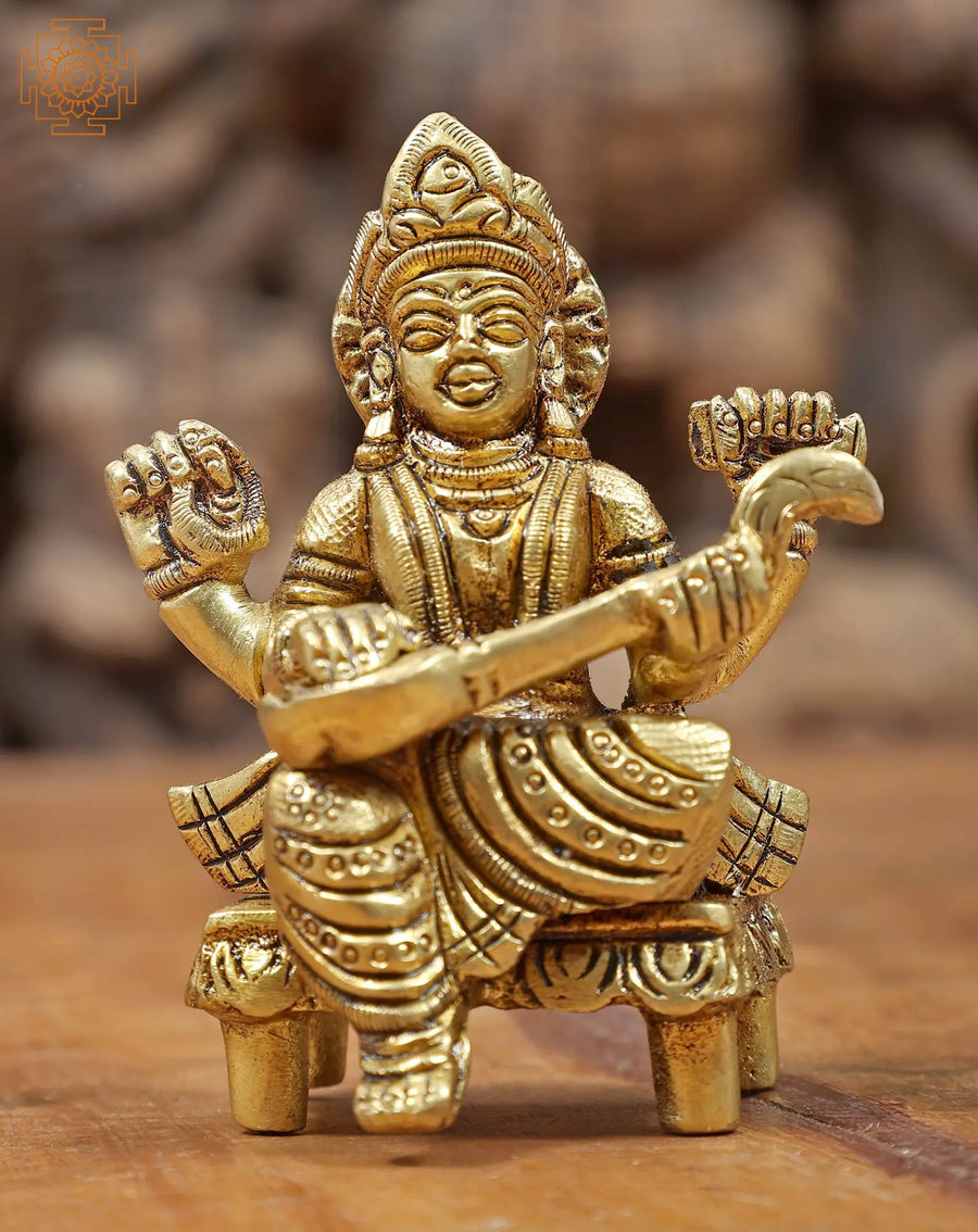 3" Brass Devi Saraswati Seated Statue for Pooja