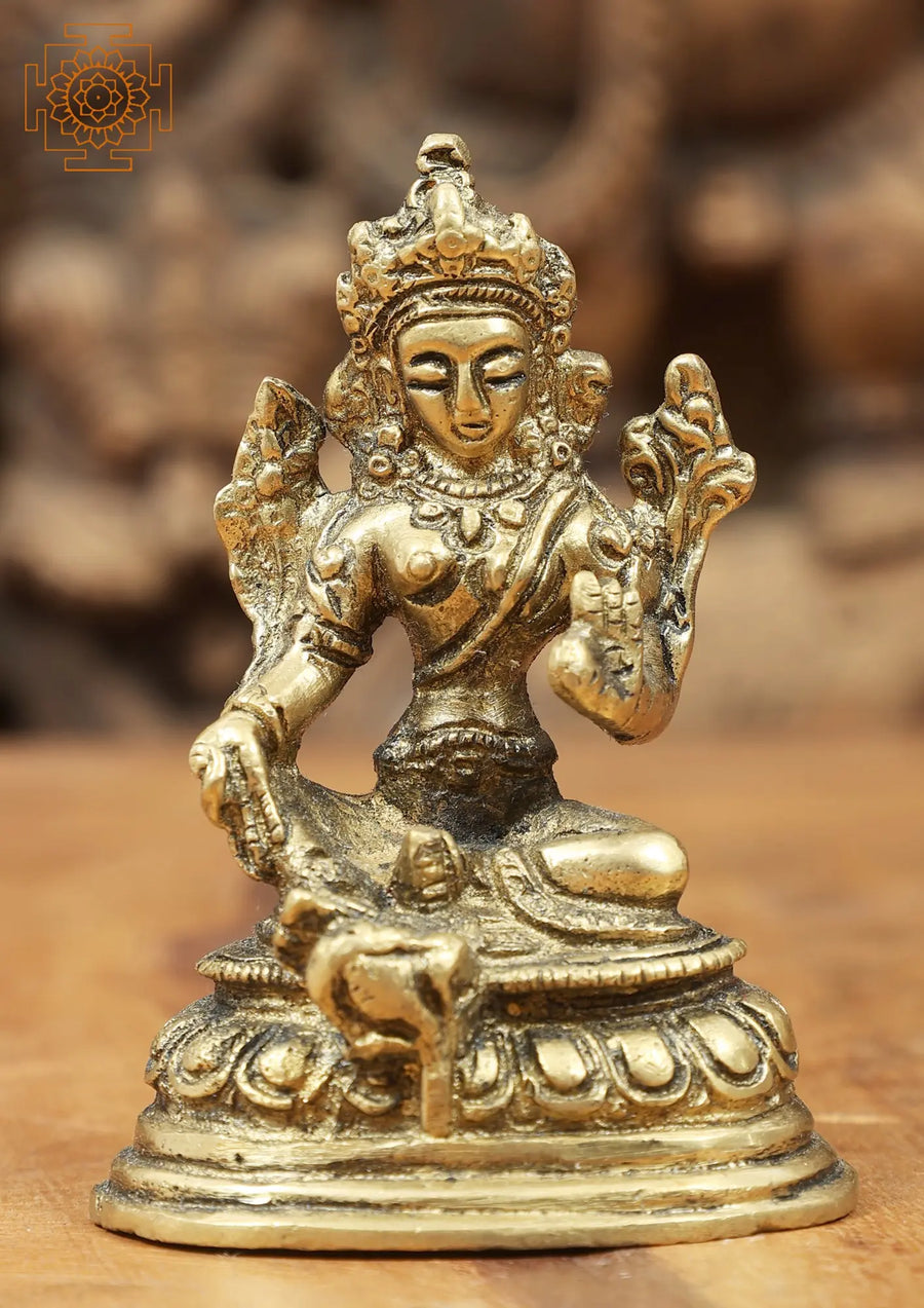3" Handmade Brass Green Tara Bodhisattva Statue for Pooja