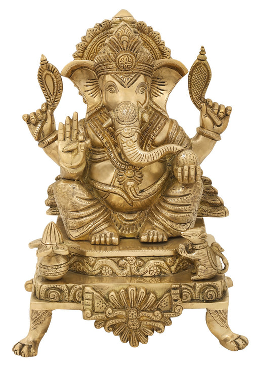 13" Lord Ganesha Seated on Throne Brass Idol Handmade