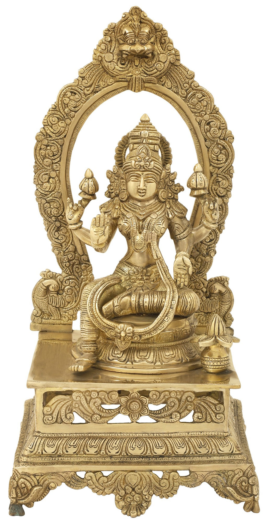 20" Handmade Brass Lakshmi Statue with Peacocks and Poojana Kalasha