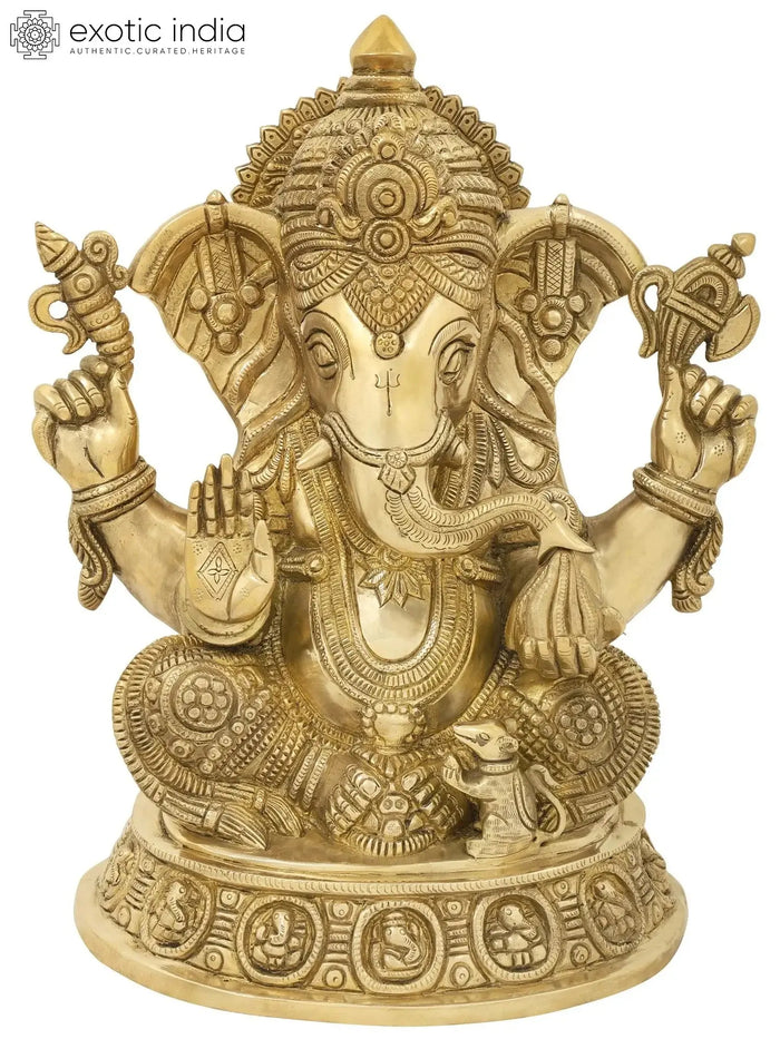 8" Handmade Brass Ganesha Idol Seated on Ashta-Ganesha Base
