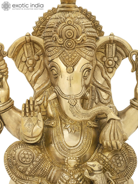 8" Blessing Ganesha Seated on Ashta-Ganesha Base | Handmade Brass Statue
