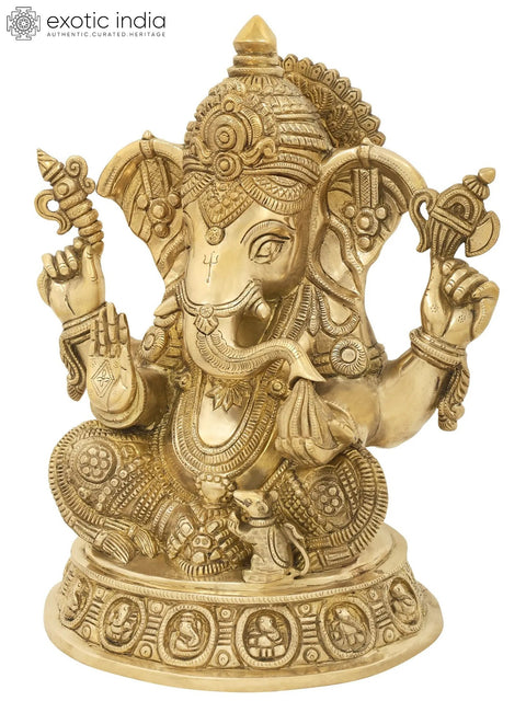 8" Blessing Ganesha Seated on Ashta-Ganesha Base | Handmade Brass Statue
