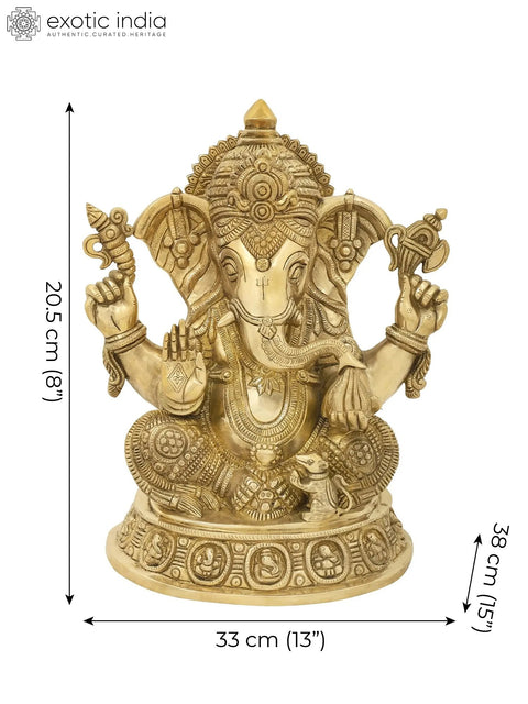 8" Blessing Ganesha Seated on Ashta-Ganesha Base | Handmade Brass Statue