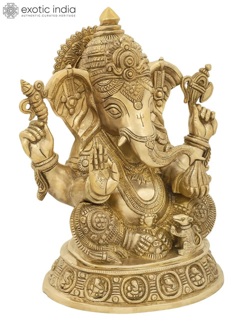 8" Blessing Ganesha Seated on Ashta-Ganesha Base | Handmade Brass Statue