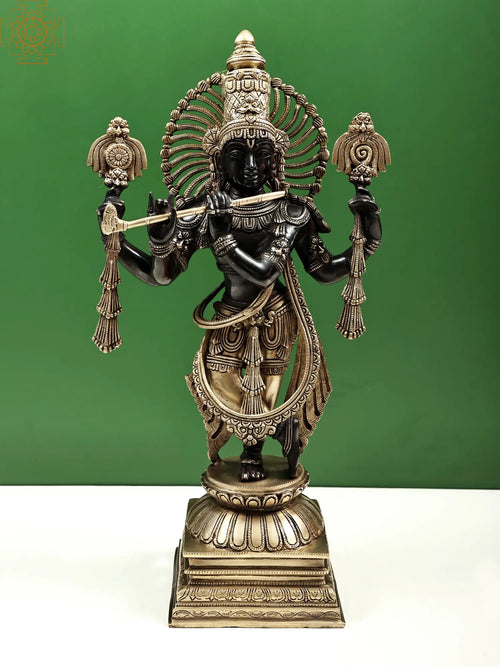 24" Handmade Brass Krishna Fluting Statue Indian Home Decor Idol
