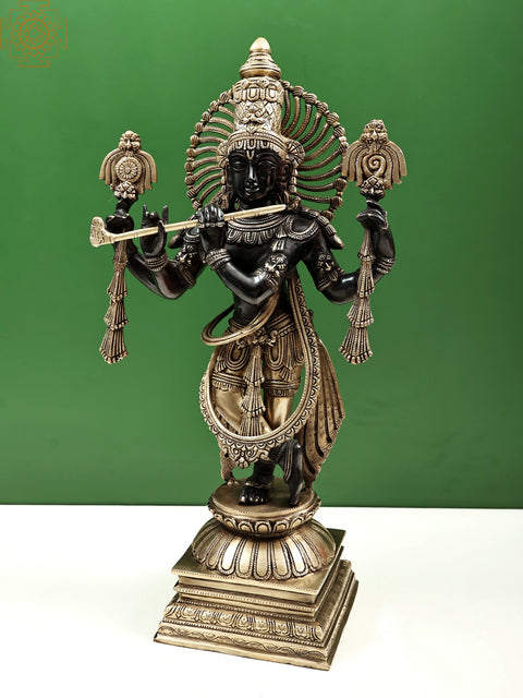 24" Brass Fluting Krishna Statue in His Glorious Avatar | Indian Handcrafted Idol