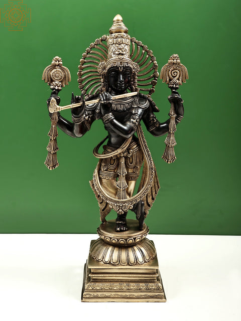 24" Brass Fluting Krishna Statue in His Glorious Avatar | Indian Handcrafted Idol