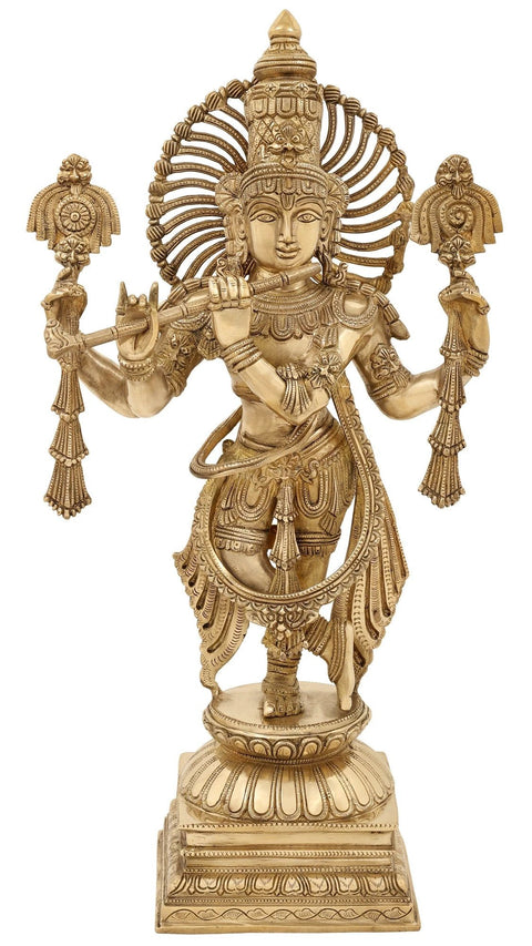 24" Brass Fluting Krishna Statue in His Glorious Avatar | Indian Handcrafted Idol
