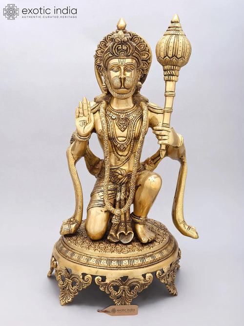 20" Handcrafted Aashirvada Hanuman Brass Idol with Engraved Pedestal