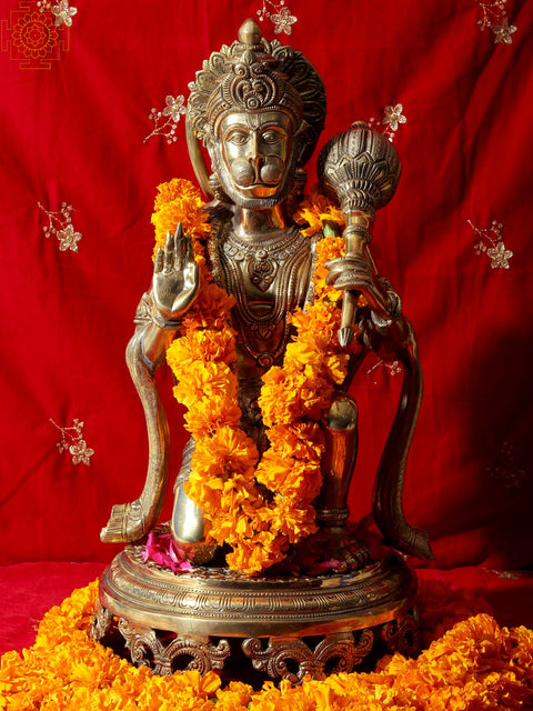 20" Aashirvada Hanuman Knelt Upon A Richly Engraved Pedestal | Indian Handcrafted Brass Idol