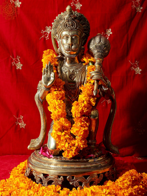 20" Handcrafted Aashirvada Hanuman Brass Idol with Engraved Pedestal