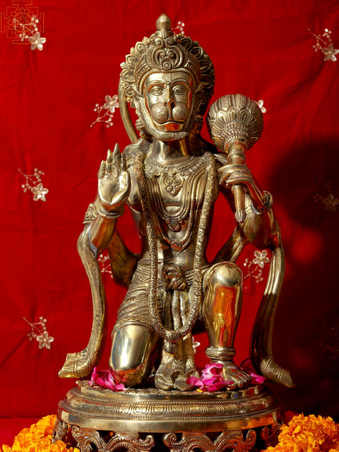 20" Aashirvada Hanuman Knelt Upon A Richly Engraved Pedestal | Indian Handcrafted Brass Idol
