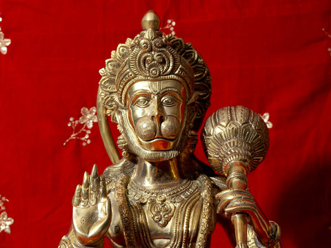 20" Aashirvada Hanuman Knelt Upon A Richly Engraved Pedestal | Indian Handcrafted Brass Idol