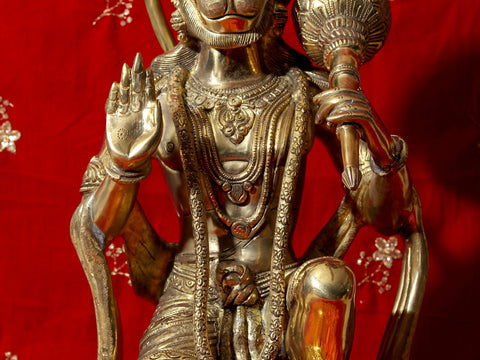 20" Aashirvada Hanuman Knelt Upon A Richly Engraved Pedestal | Indian Handcrafted Brass Idol
