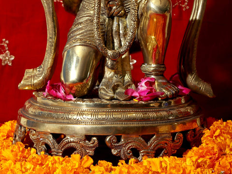 20" Aashirvada Hanuman Knelt Upon A Richly Engraved Pedestal | Indian Handcrafted Brass Idol
