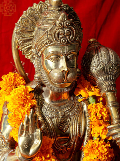 20" Aashirvada Hanuman Knelt Upon A Richly Engraved Pedestal | Indian Handcrafted Brass Idol