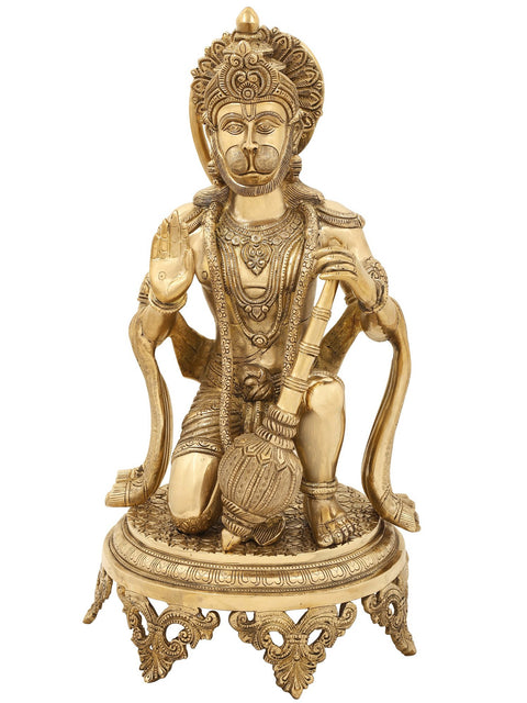 20" Aashirvada Hanuman Knelt Upon A Richly Engraved Pedestal | Indian Handcrafted Brass Idol