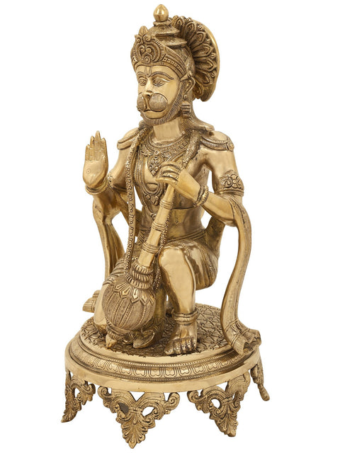 20" Aashirvada Hanuman Knelt Upon A Richly Engraved Pedestal | Indian Handcrafted Brass Idol