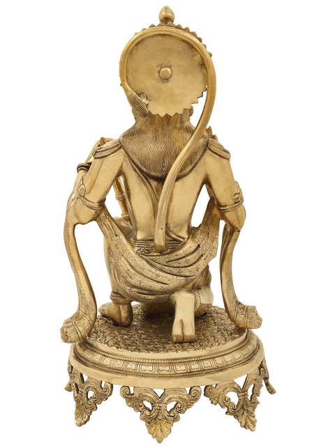 20" Aashirvada Hanuman Knelt Upon A Richly Engraved Pedestal | Indian Handcrafted Brass Idol
