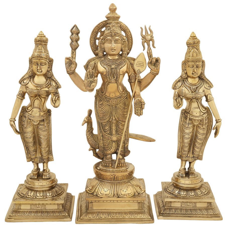19" Handmade Brass Statue Trinity of Murugan Devasena and Valli