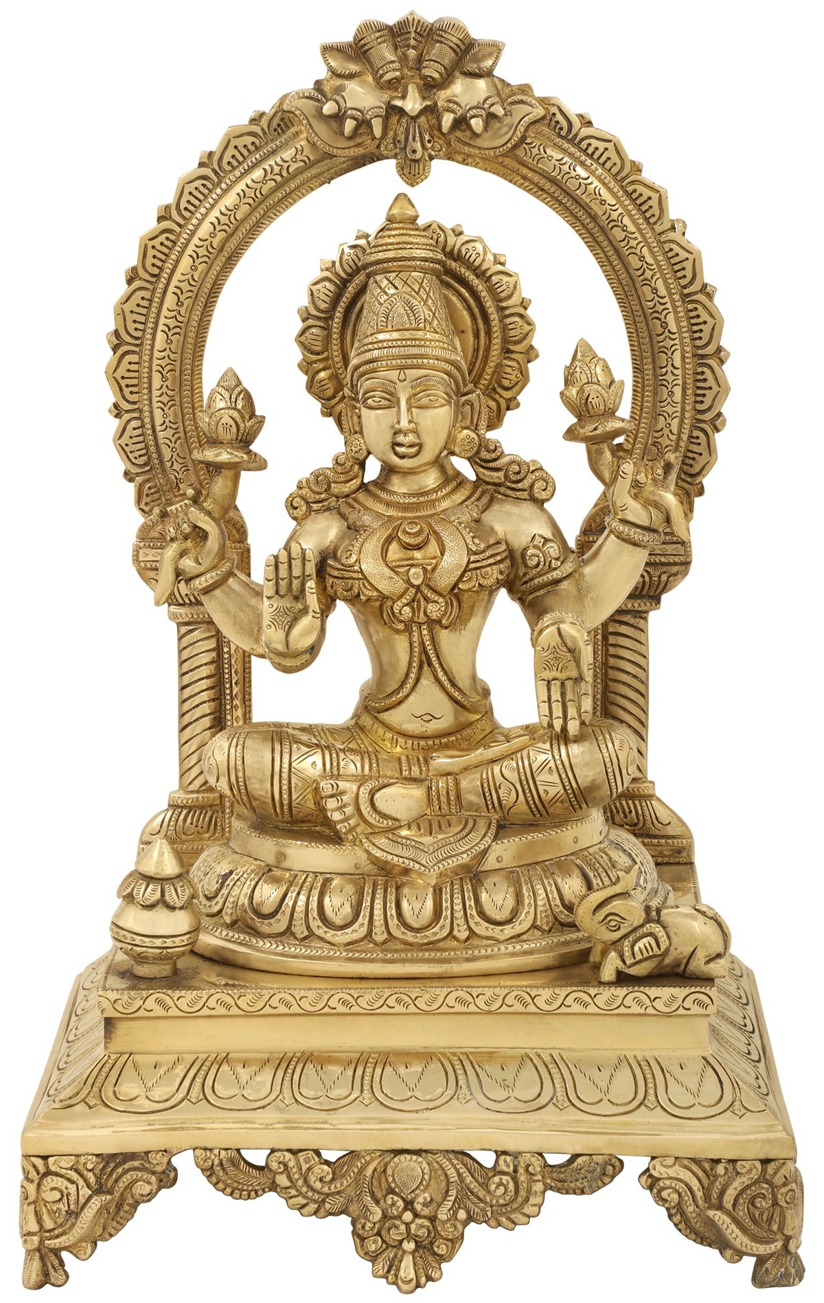 17" Devi Lakshmi Seated on Kirtimukha Prabhawali Throne | Handmade Brass Statue
