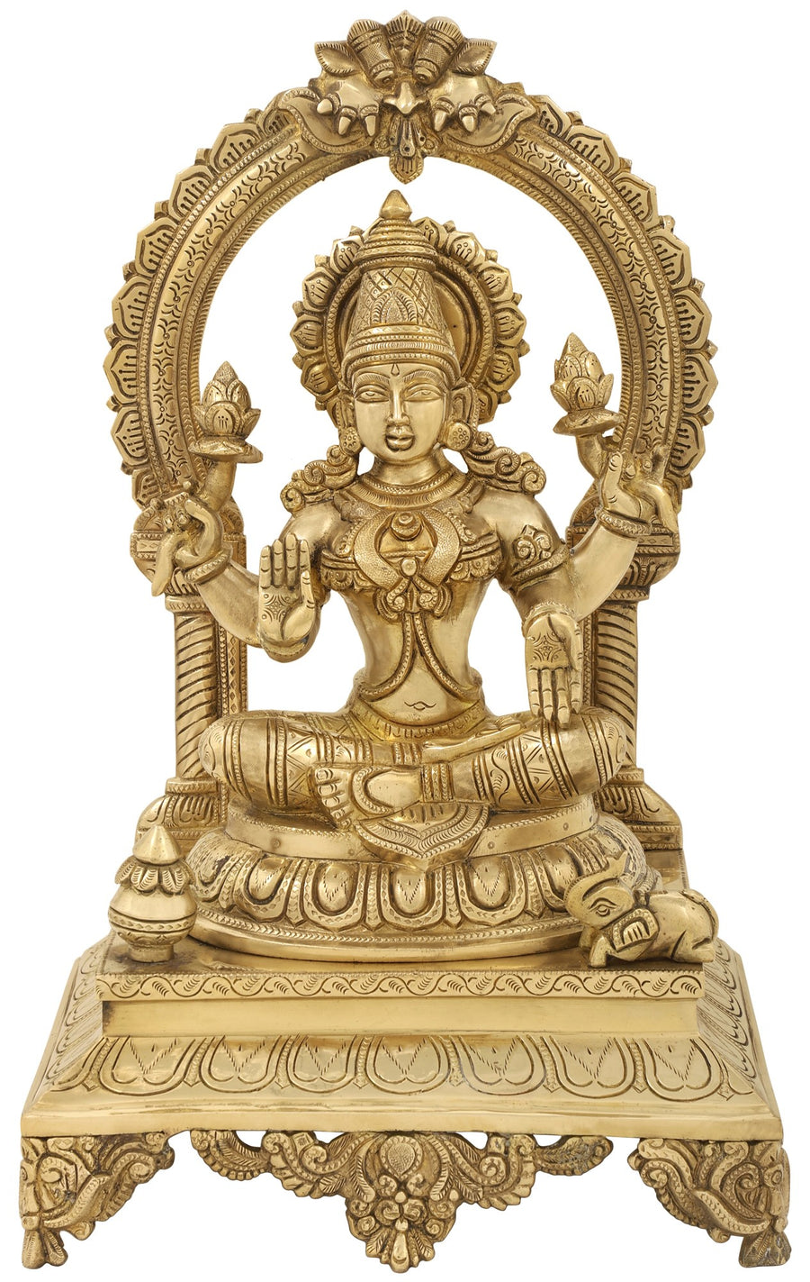17" Handmade Brass Devi Lakshmi Seated Statue with Kirtimukha Prabhawali Throne