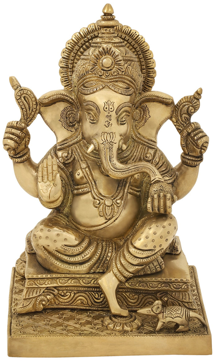 11" Four Armed Ganesha Brass Statue for Pooja