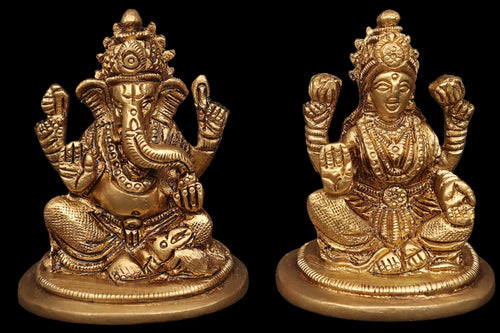 2" Handmade Lakshmi Ganesha Brass Idol Pair for Pooja