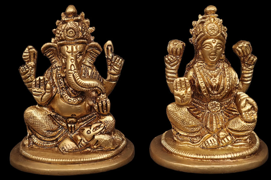 2" Handmade Lakshmi Ganesha Brass Idol Pair for Pooja