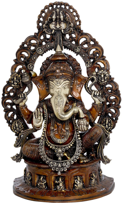25" Ganesha Seated on Musicial Ganesha Base With Impressive Kirtimukha Aureole In Brass | Handmade | Made In India