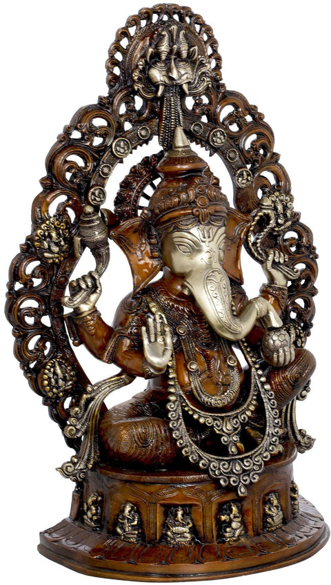 25" Ganesha Seated on Musicial Ganesha Base With Impressive Kirtimukha Aureole In Brass | Handmade | Made In India