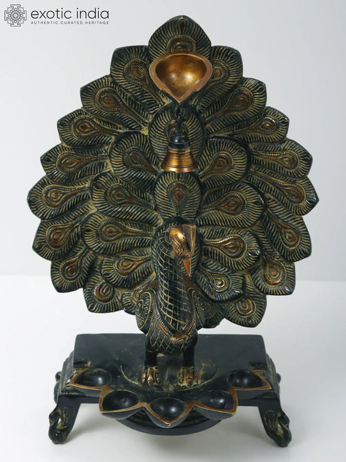14" Handmade Brass Peacock Oil Lamp with Bell and Six Wicks
