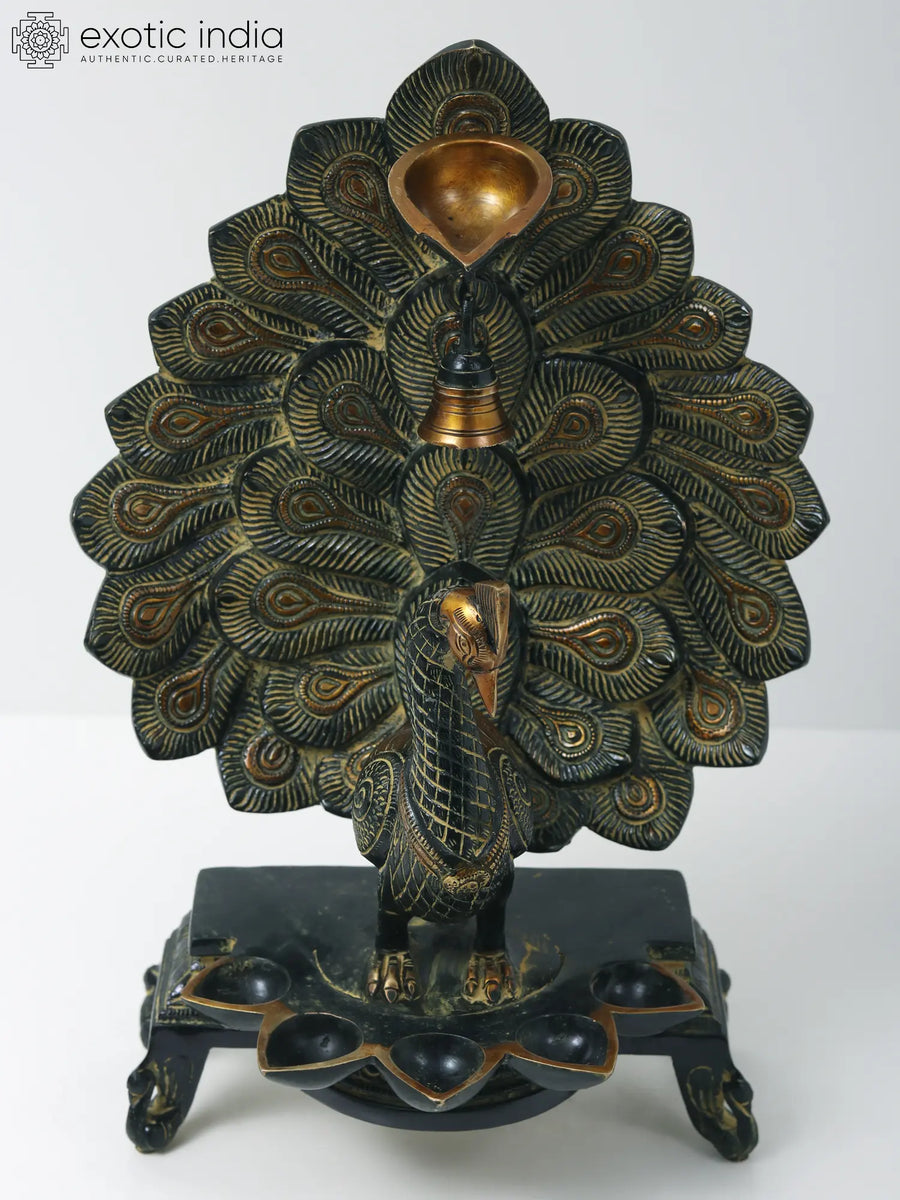 14" Handmade Brass Peacock Oil Lamp with Bell and Six Wicks