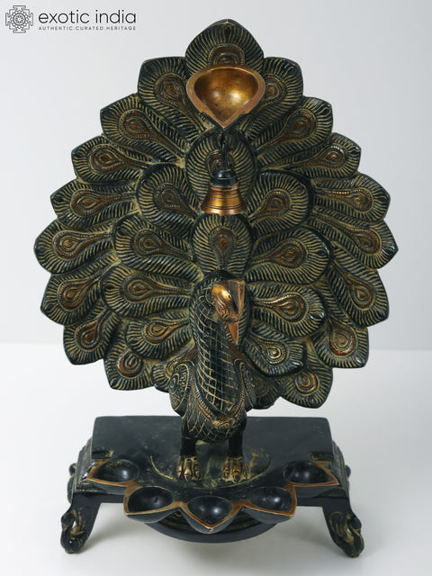 14" Superfine Peacock Six Wicks Oil Lamp with Bell in Brass | Handmade | Made in India