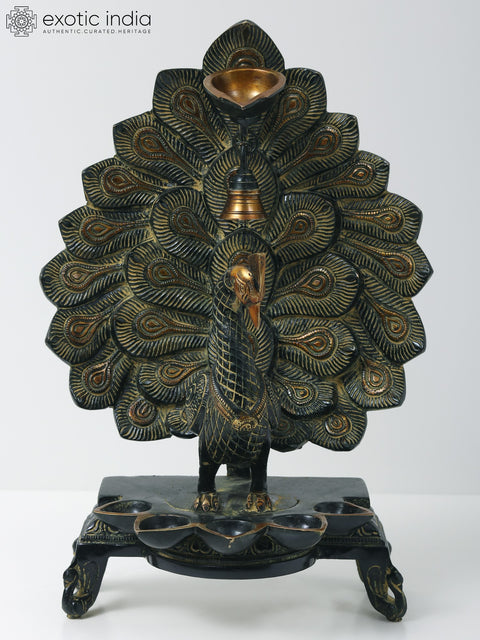 14" Superfine Peacock Six Wicks Oil Lamp with Bell in Brass | Handmade | Made in India