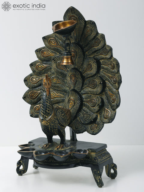 14" Superfine Peacock Six Wicks Oil Lamp with Bell in Brass | Handmade | Made in India