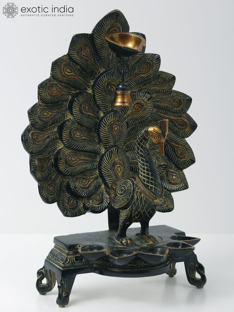 14" Superfine Peacock Six Wicks Oil Lamp with Bell in Brass | Handmade | Made in India